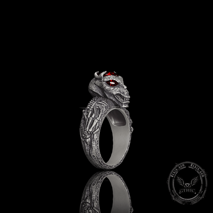 Red Eyed Demon Skull Sterling Silver Ring