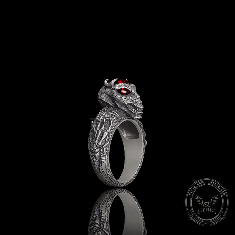 Red Eyed Demon Skull Sterling Silver Ring