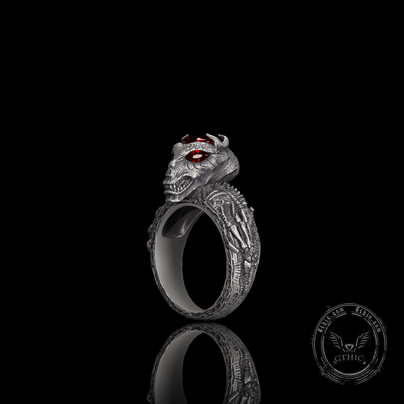 Red Eyed Demon Skull Sterling Silver Ring