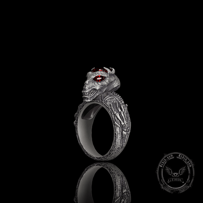Red Eyed Demon Skull Sterling Silver Ring