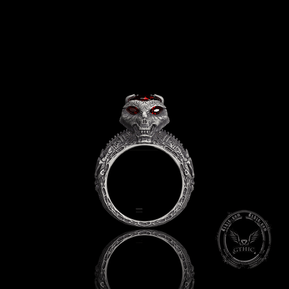Red Eyed Demon Skull Sterling Silver Ring