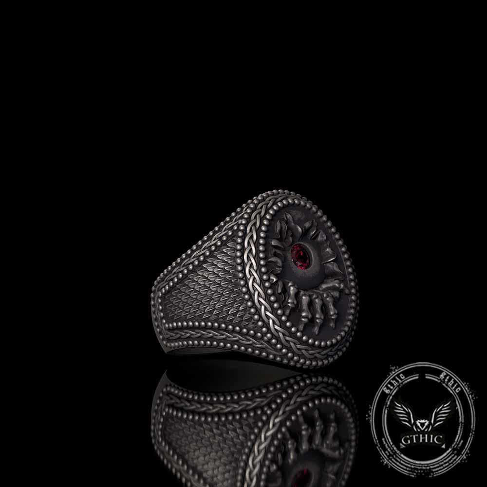 Red Zircon Eye Skull Hand Punk Sterling Silver Ring