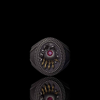 Red Zircon Eye Skull Hand Punk Sterling Silver Ring