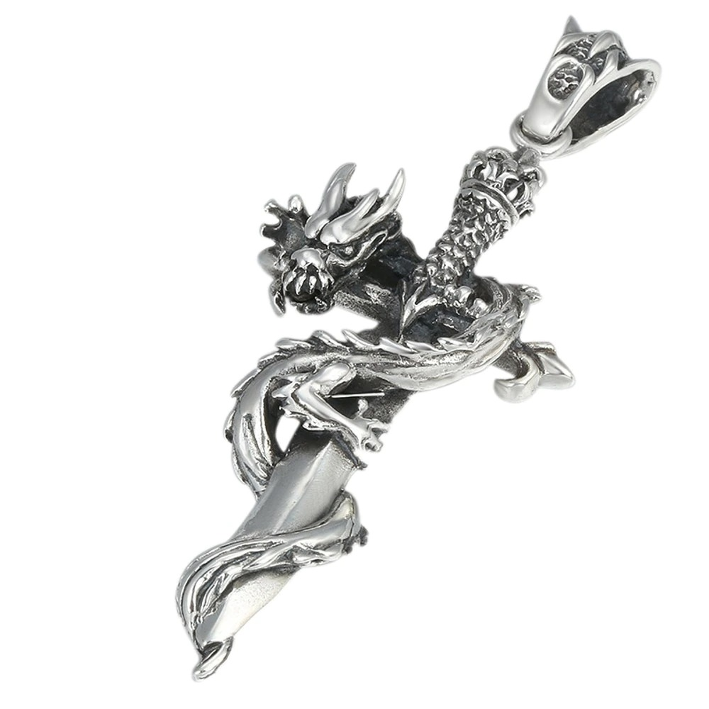 Retro Pendant in Form Holy Sword With Hovering Dragon / Jewelry of Real S925 Pure Silver