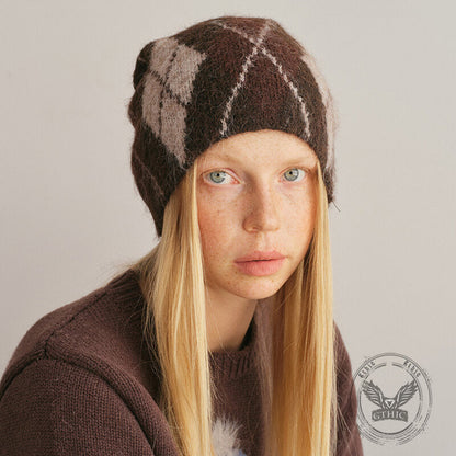 Retro Diamond Pattern Wool Blend Knitted Beanie Hat