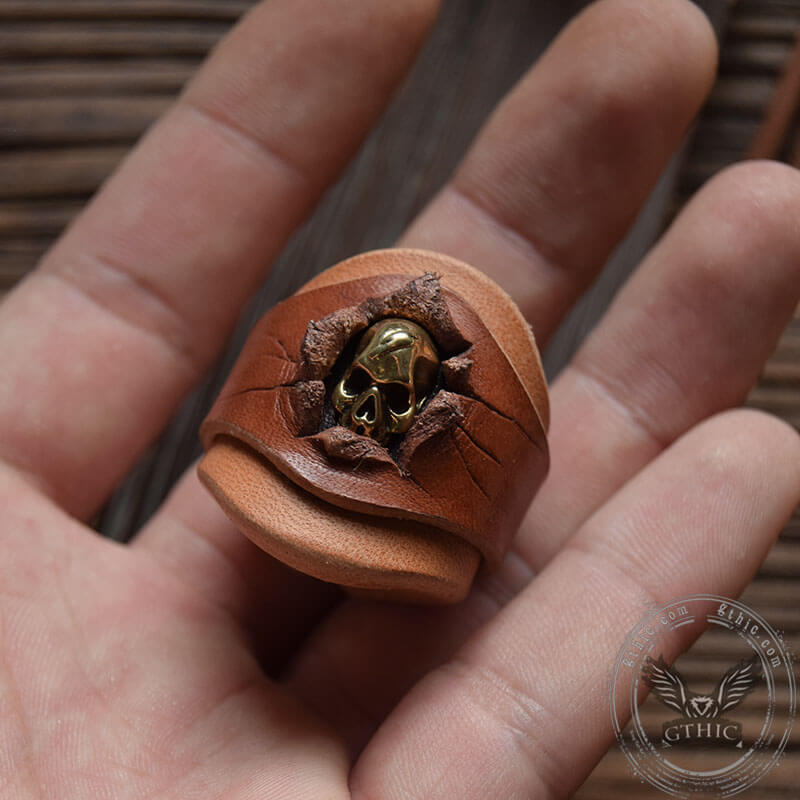Retro Skull Brass Leather Scarf Ring