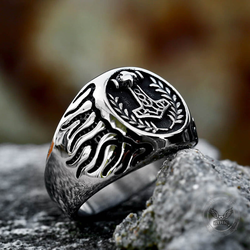 Retro Thor's Hammer Flame Stainless Steel Viking Ring