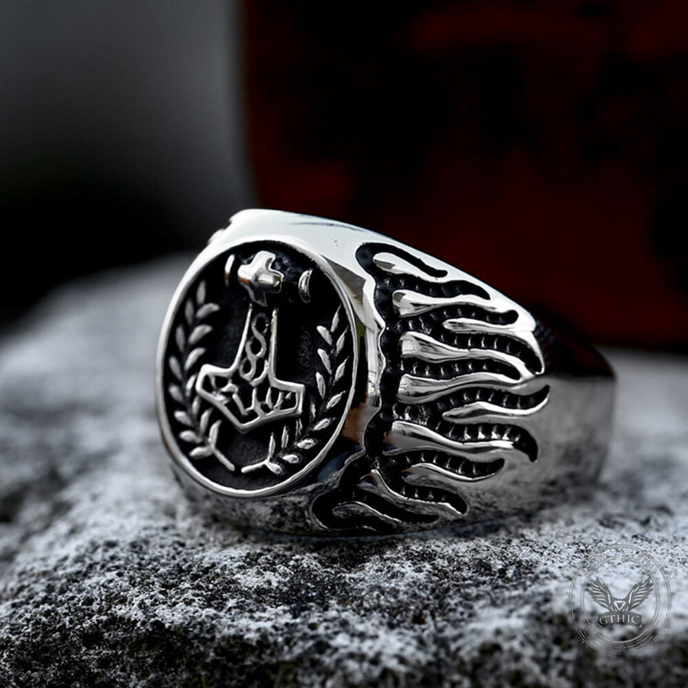 Retro Thor's Hammer Flame Stainless Steel Viking Ring
