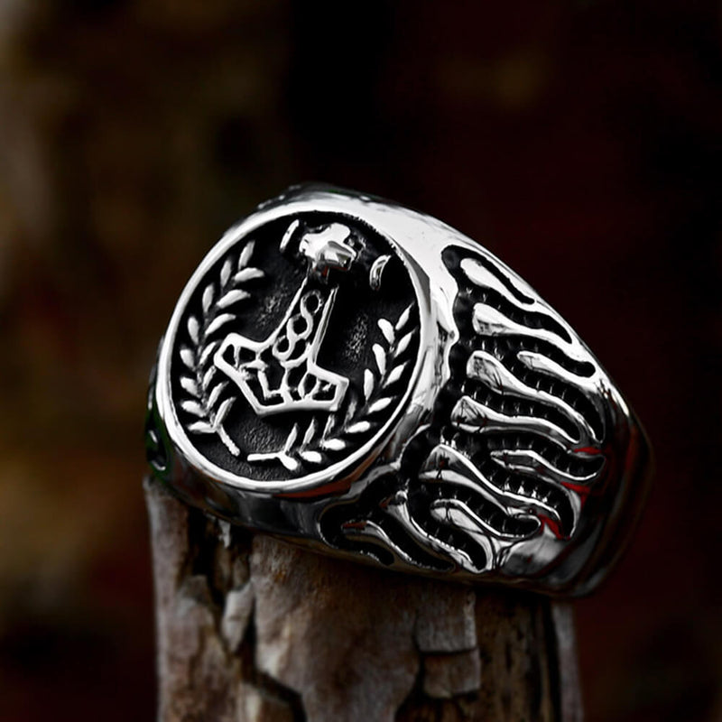 Retro Thor's Hammer Flame Stainless Steel Viking Ring