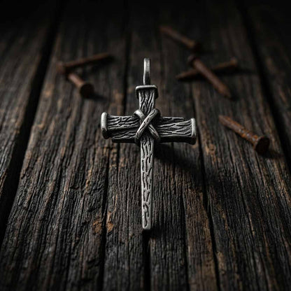 Retro Wooden Stake Cross Stainless Steel Pendant