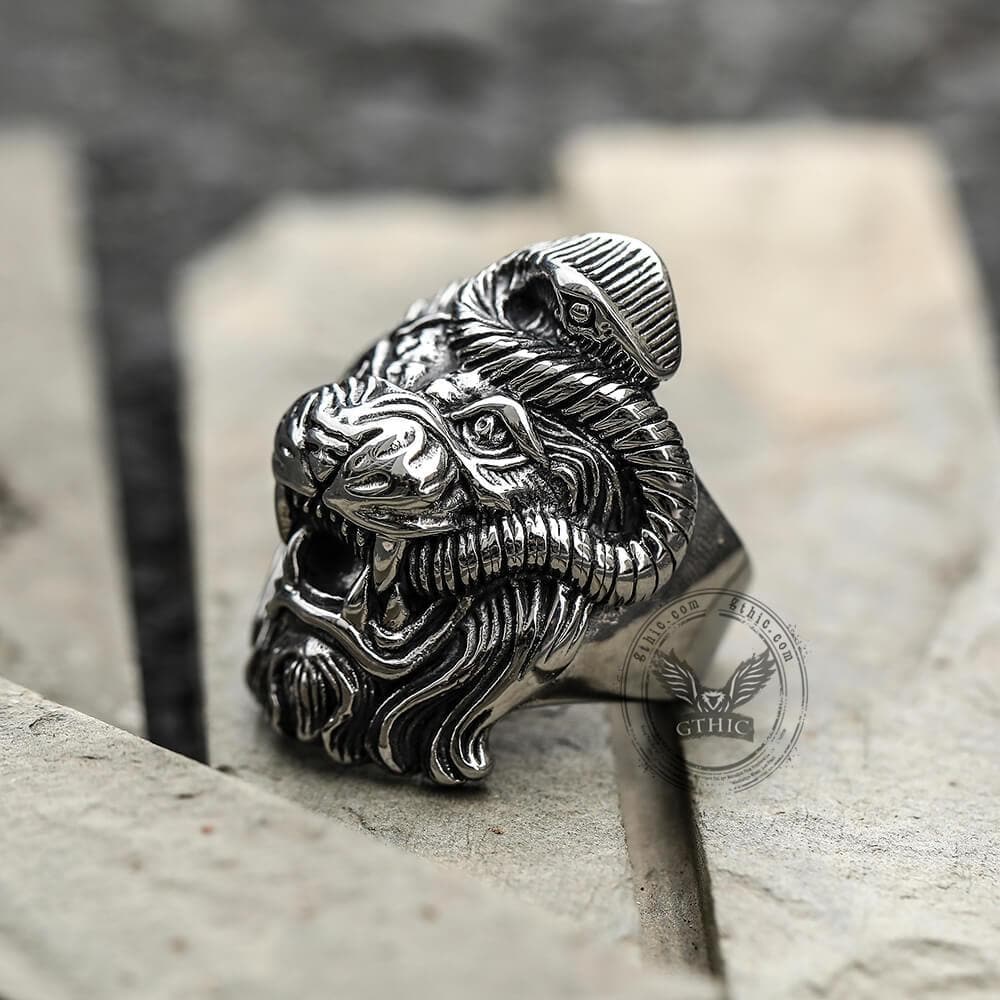 Roaring Lion and Snake Stainless Steel Animal Ring