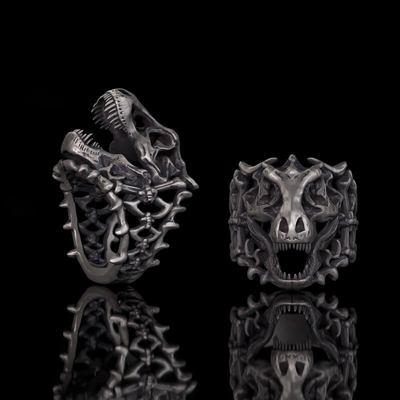 Roaring Tyrannosaurus Rex Skull Sterling Silver Ring