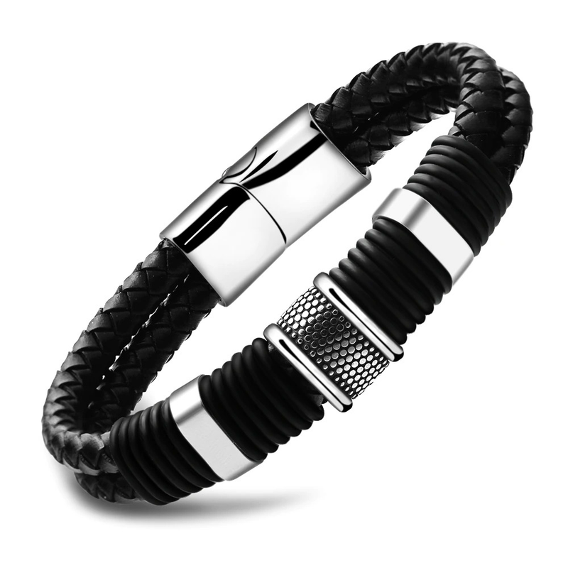 Rock Braid Leather Bracelet / and Bangle / Stainless Steel Jewel With Toggle