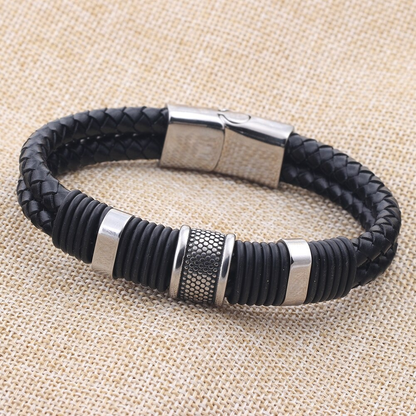 Rock Braid Leather Bracelet / and Bangle / Stainless Steel Jewel With Toggle
