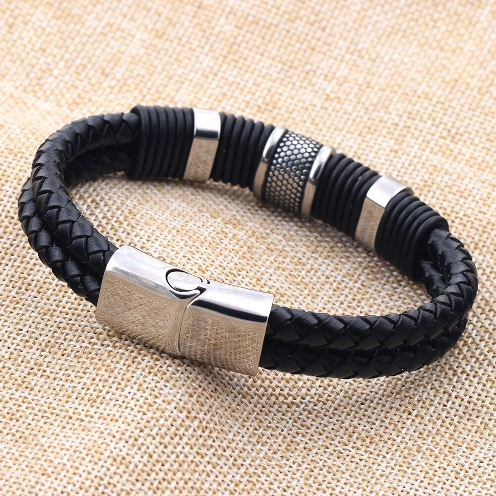 Rock Braid Leather Bracelet / and Bangle / Stainless Steel Jewel With Toggle