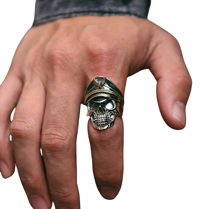 Rock Style Adjustable Ring With Pirate Captain Skull / 925 Sterling Silver Jewelry