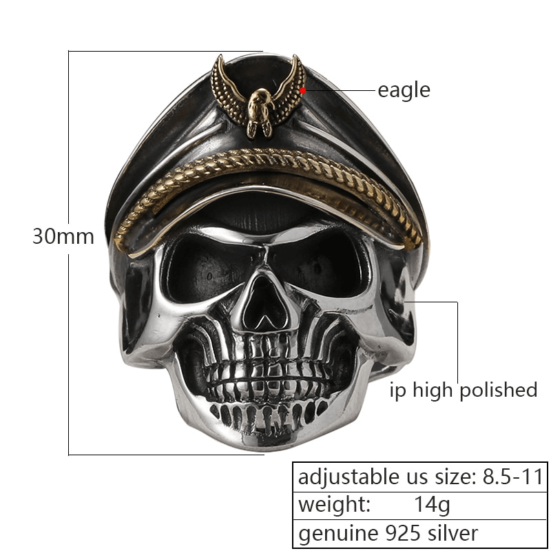 Rock Style Adjustable Ring With Pirate Captain Skull / 925 Sterling Silver Jewelry