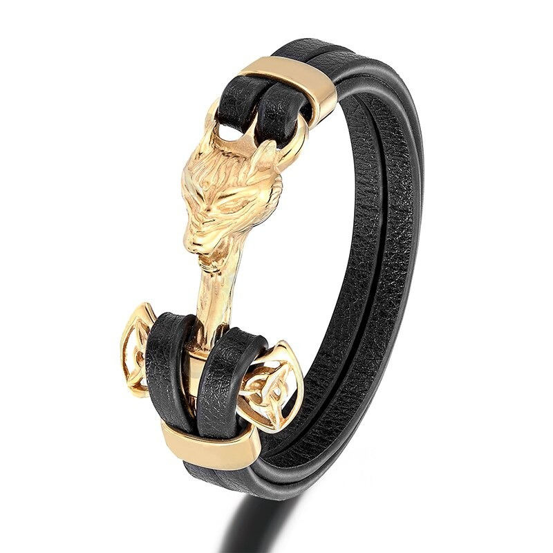 Rock Style Wolf Head Bracelet / Genuine Leather Bracelet / Stainless Steel Bracelet