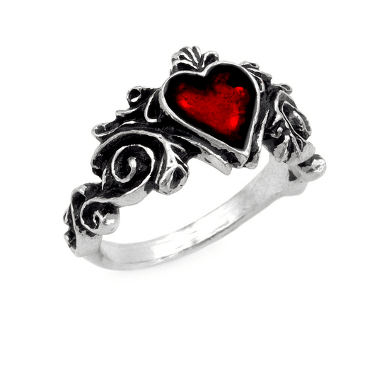 Romantic Gothic Ring With Red Heart and Design