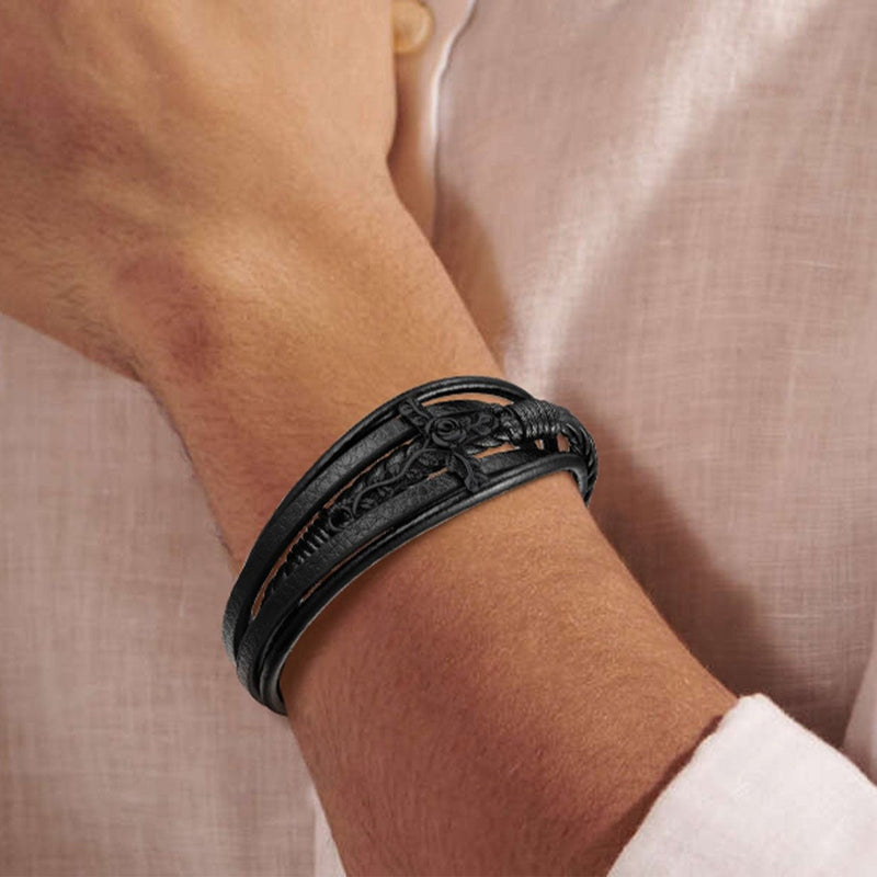 Christian Black Rose Cross Braided Leather Bracelet Gift for