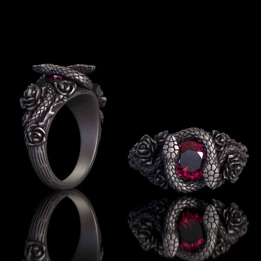 Rose Double Snake Entwined Gem Sterling Silver Ring