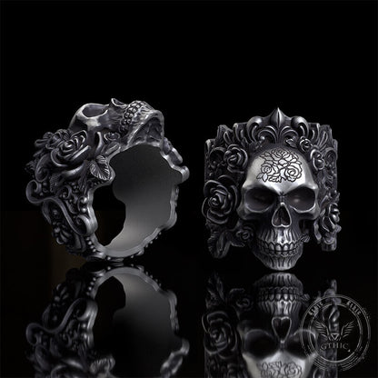Rose Vine Pattern Skull Sterling Silver Ring