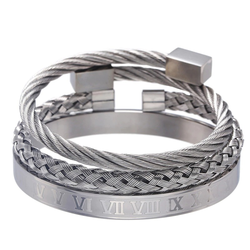 Royal Stainless Steel Bangle 3pcs/set / Roman Heavy Metal Bracelets Dark Punk