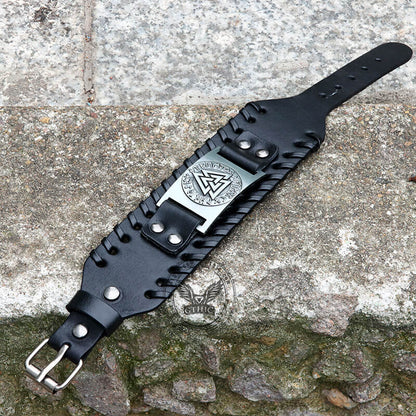 Runes Valknut Wristband Alloy Leather Viking Bracelet