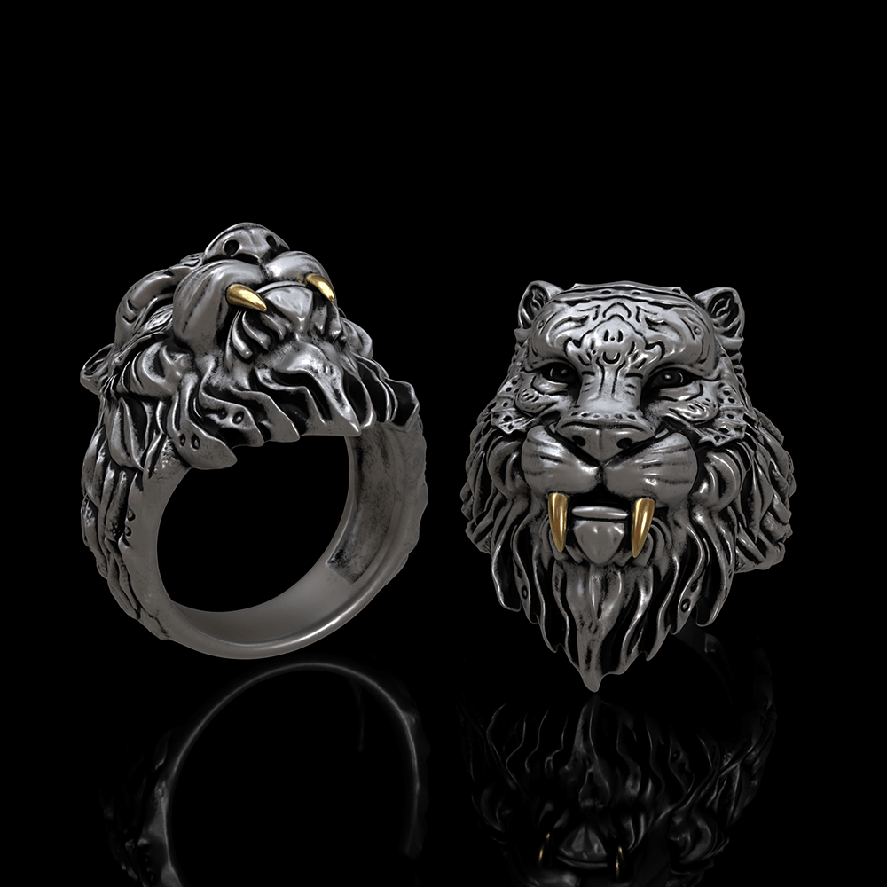 Saber-toothed Tiger Head Sterling Silver Ring