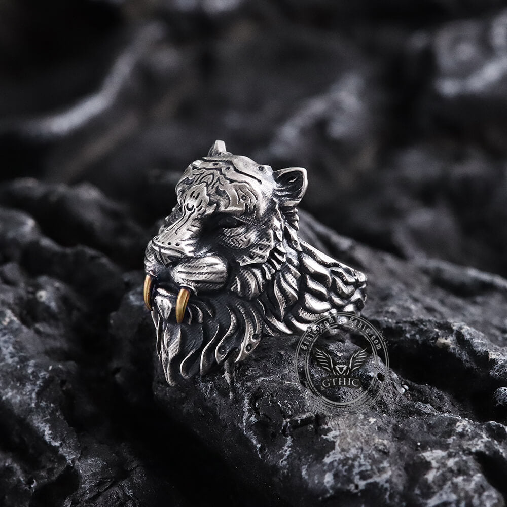 Saber-toothed Tiger Head Sterling Silver Ring