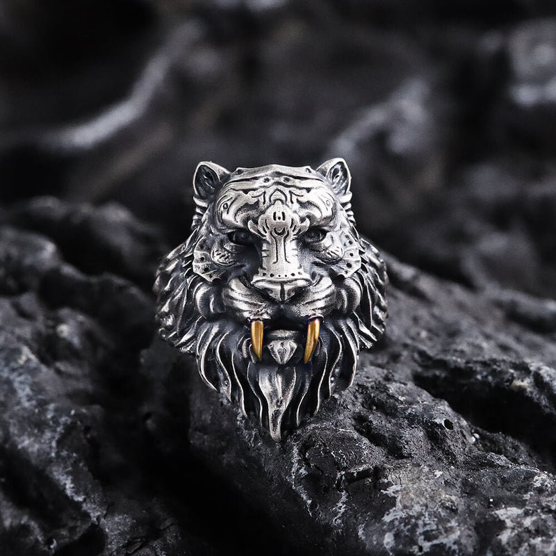 Saber-toothed Tiger Head Sterling Silver Ring