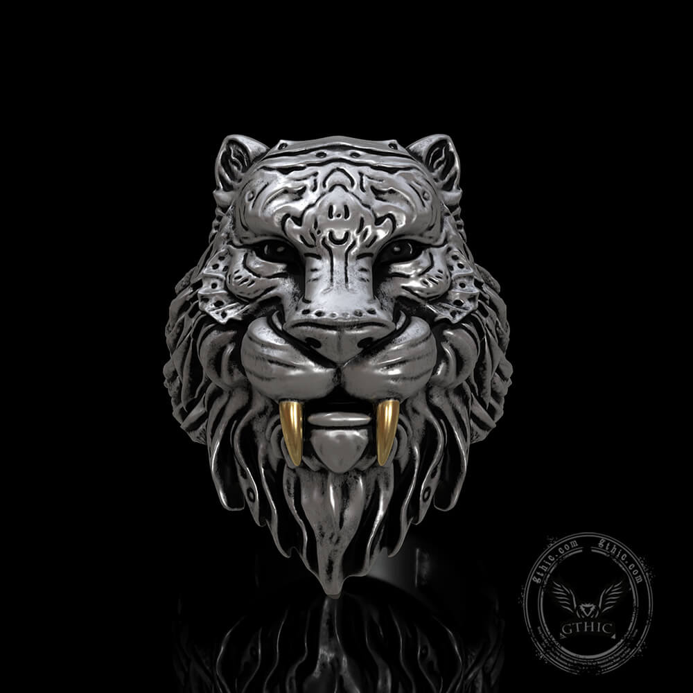 Saber-toothed Tiger Head Sterling Silver Ring
