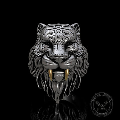 Saber-toothed Tiger Head Sterling Silver Ring