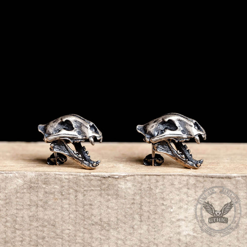 Saber Tooth Tiger Skull Head Sterling Silver Stud Earrings