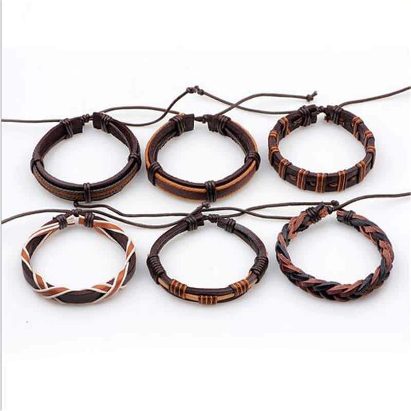 Set of 6 Rock-style Brown Leather Bracelets & Braided Rope Wristbands