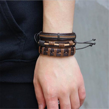 Set of 6 Rock-style Brown Leather Bracelets & Braided Rope Wristbands