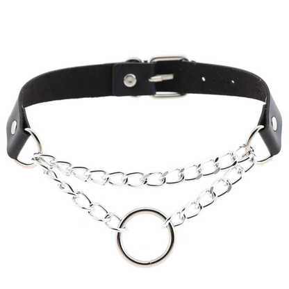 Silver Color Chain Necklace / Pu Leather Gothic Choker With Ring and Chain / Neck Jewelry