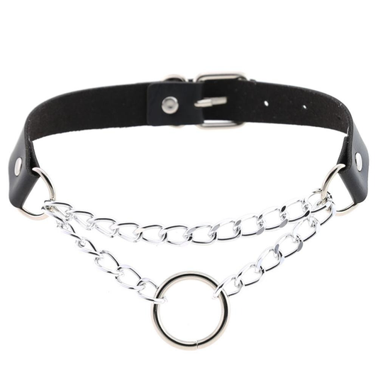 Silver Color Chain Necklace / Pu Leather Gothic Choker With Ring and Chain / Neck Jewelry