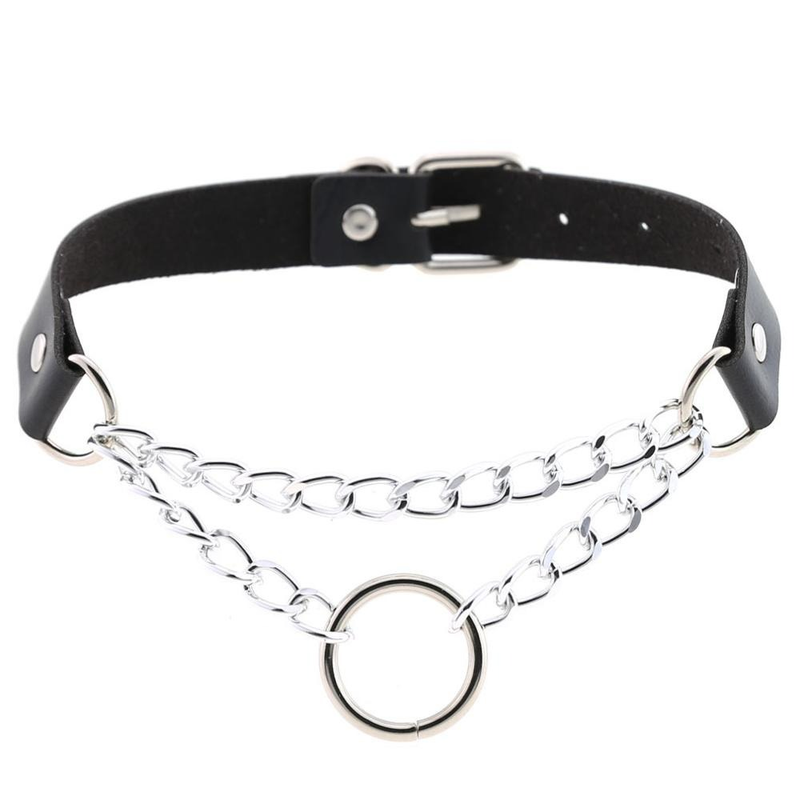 Silver Color Chain Necklace / Pu Leather Gothic Choker With Ring and Chain / Neck Jewelry