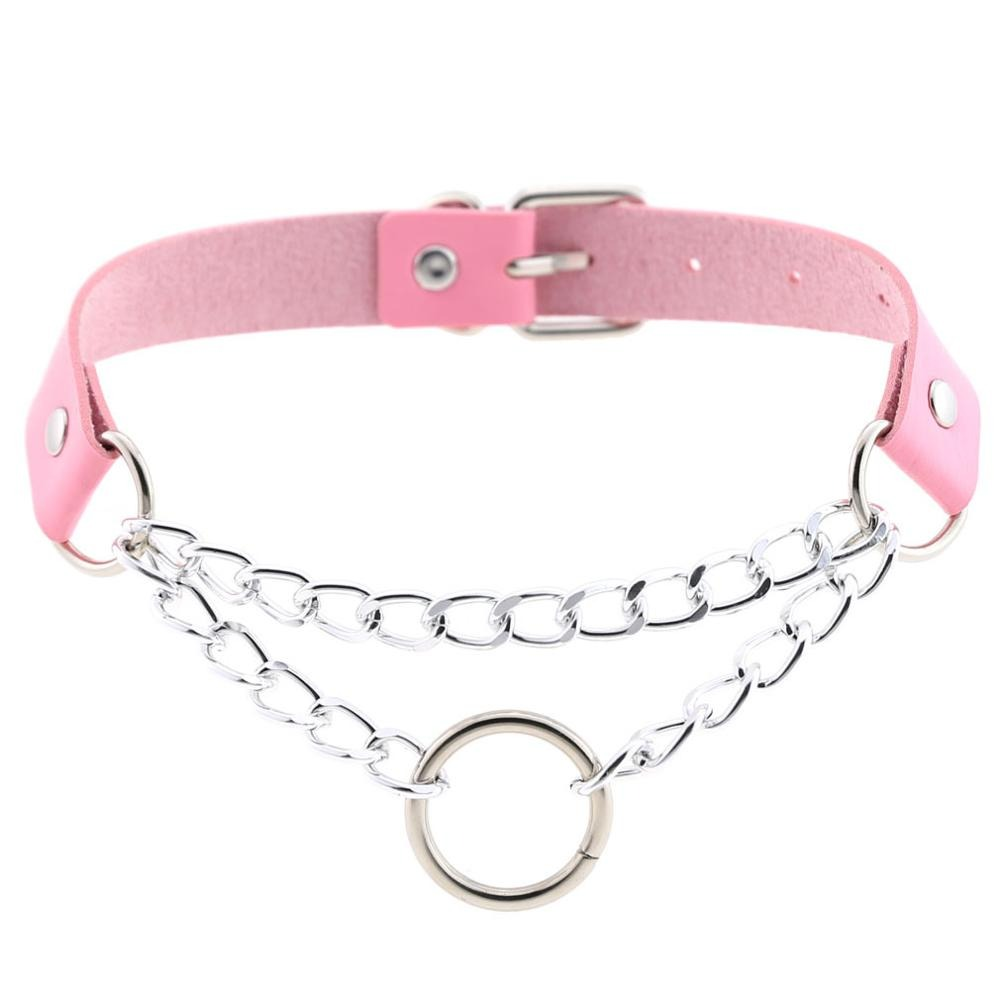 Silver Color Chain Necklace / Pu Leather Gothic Choker With Ring and Chain / Neck Jewelry