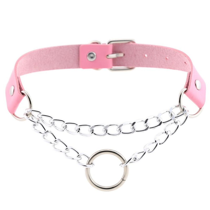 Silver Color Chain Necklace / Pu Leather Gothic Choker With Ring and Chain / Neck Jewelry
