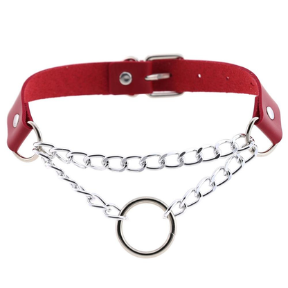 Silver Color Chain Necklace / Pu Leather Gothic Choker With Ring and Chain / Neck Jewelry