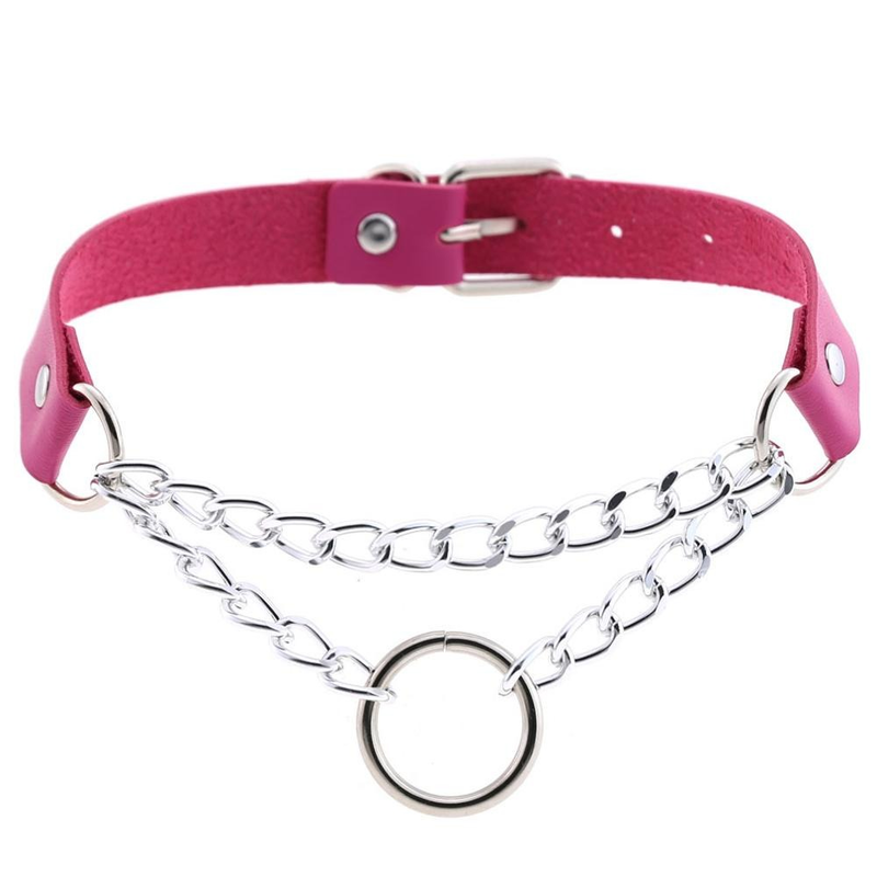 Silver Color Chain Necklace / Pu Leather Gothic Choker With Ring and Chain / Neck Jewelry