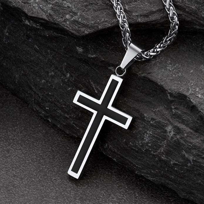 Flat Box Link Chain & Black Enamel Cross Layered Necklaces Set for