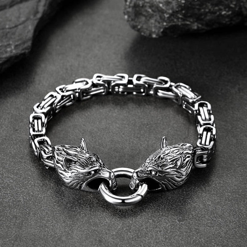 Viking Wolf Head Chain Bracelet Cuff Bangle Gift for