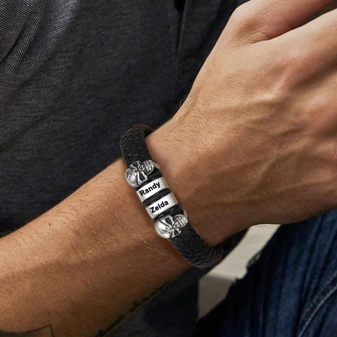 Personalized Name Beads Leather Bracelet With Skull for