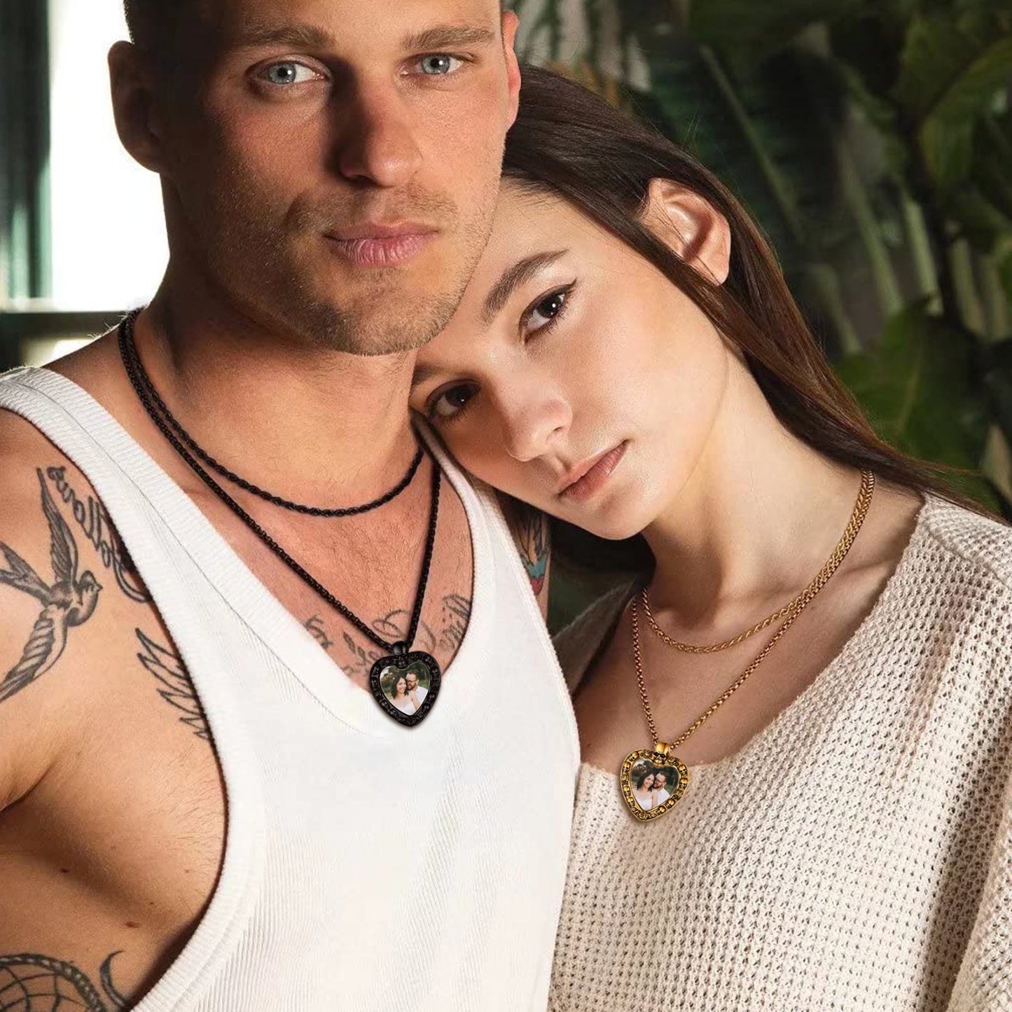 Customized Memorial Heart Photo Necklace With Skull for