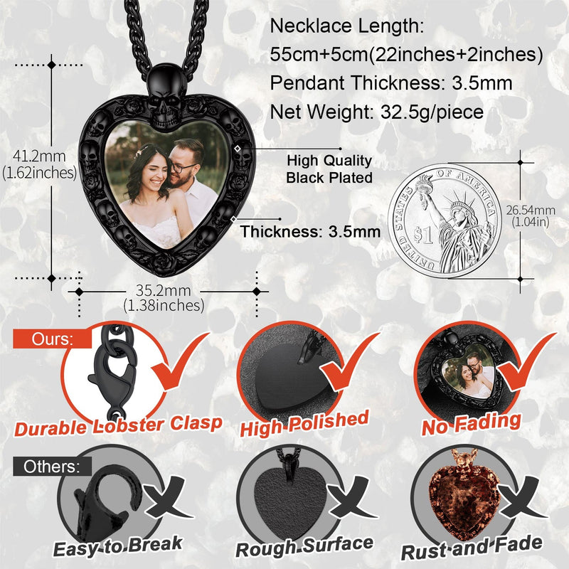 Customized Memorial Heart Photo Necklace With Skull for