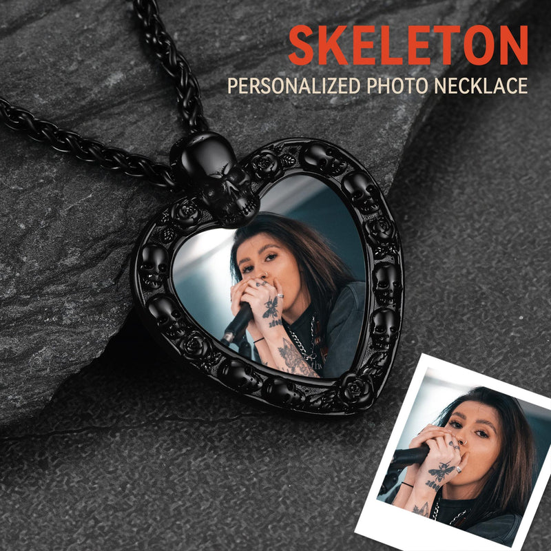 Customized Memorial Heart Photo Necklace With Skull for