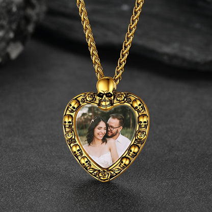 Customized Memorial Heart Photo Necklace With Skull for